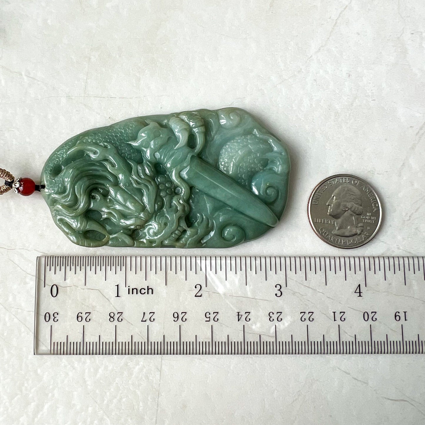 Large Jadeite Jade Dragon and Sword Pendant Necklace, Chinese Zodiac, Green Jade, Hand Carved, YJ-0722-0008087