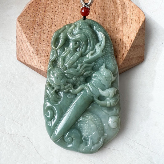 Large Jadeite Jade Dragon and Sword Pendant Necklace, Chinese Zodiac, Green Jade, Hand Carved, YJ-0722-0008087