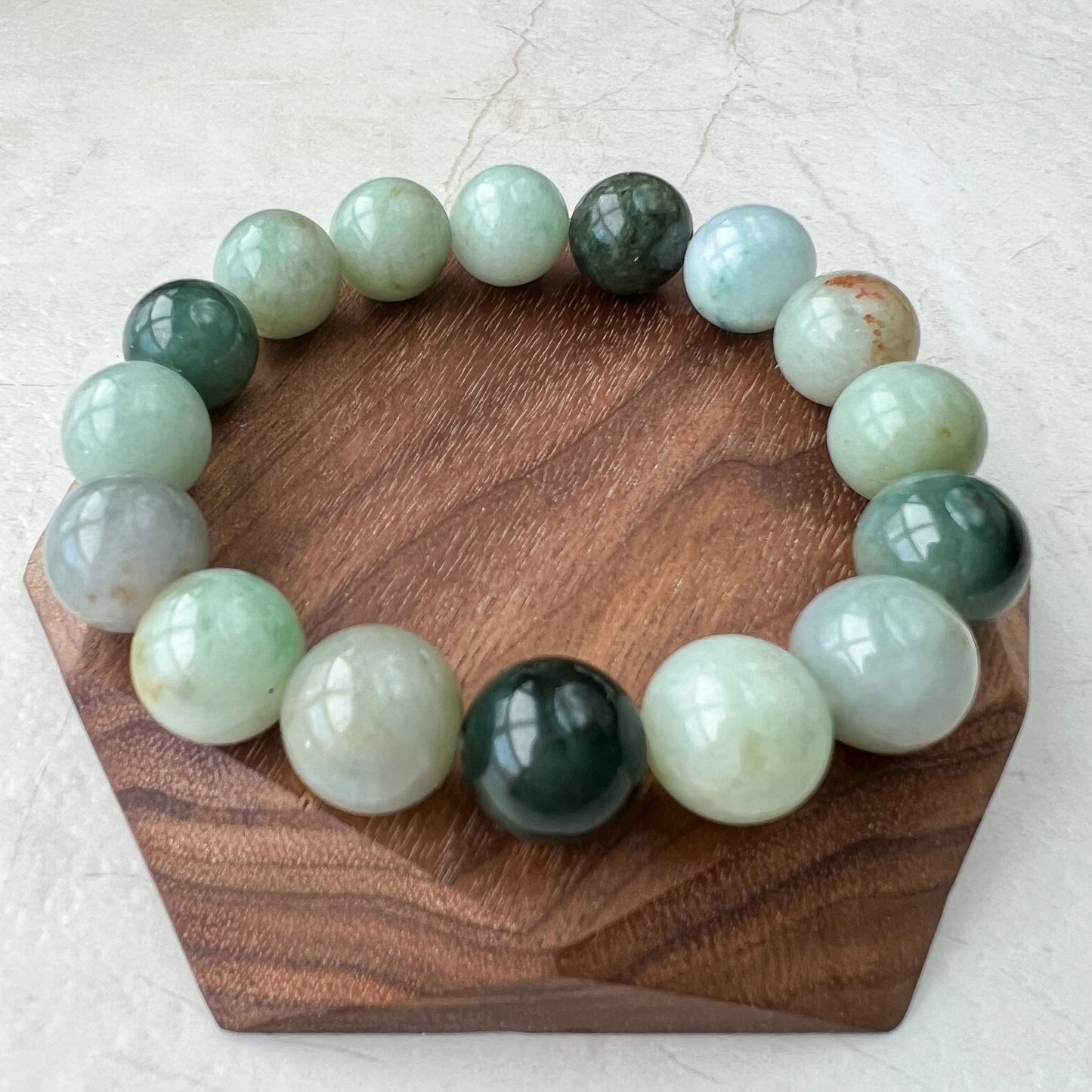 13.5 mm Green Gray Natural Jadeite Jade Round Beaded Bracelet, MDFM-0822-1675887201