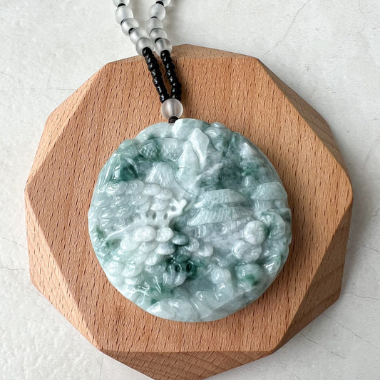 Dual Side Landscape Mountain Forest River Scenery, Green Gray Jade, Hand Carved Pendant Necklace, Double Sided Carving,YJ-0422-0405136