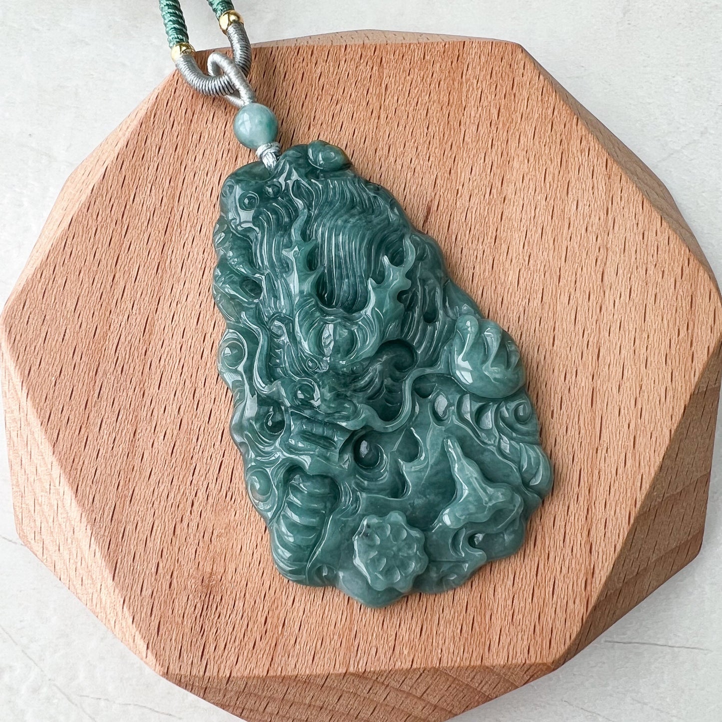Green Jadeite Jade Dragon Chinese Zodiac Hand Carved Pendant Necklace, Green Blue Jade, XZ-0822-0004765