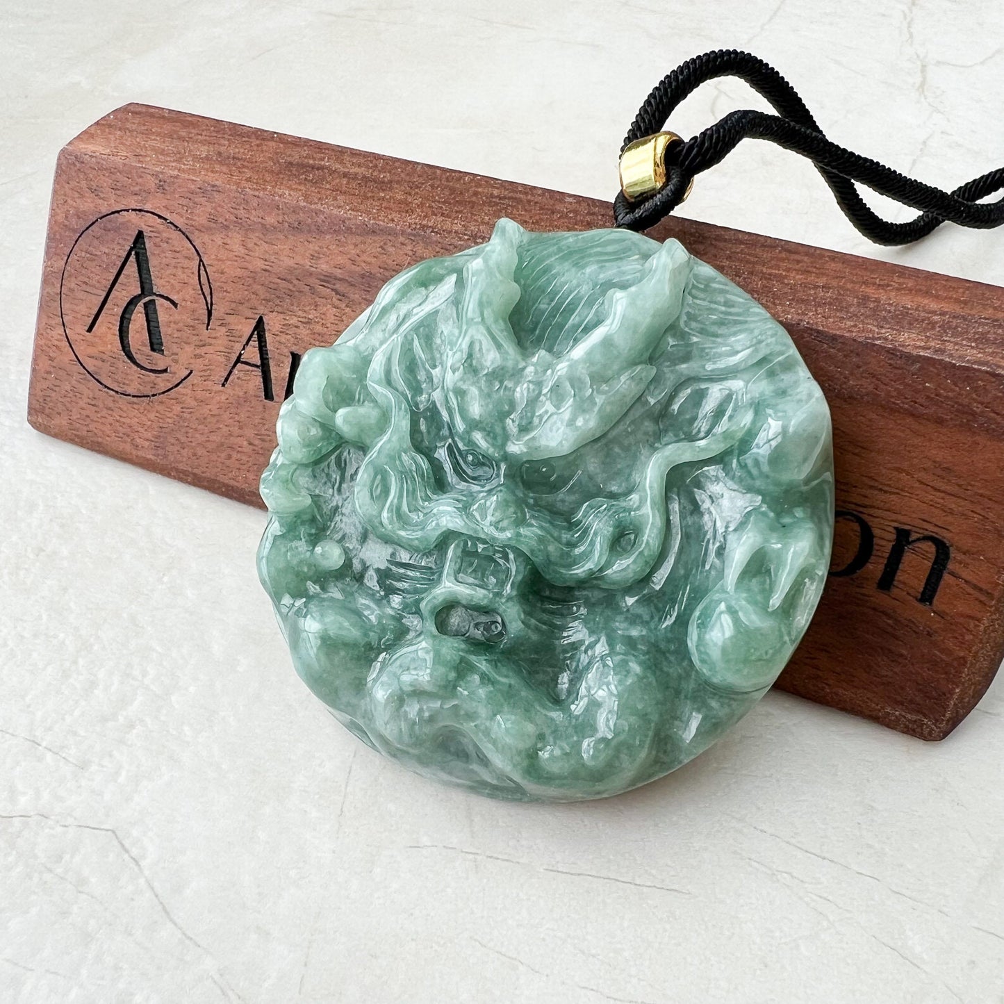 Green Jadeite Jade Dragon Chinese Zodiac Hand Carved Pendant Necklace, Green Blue Jade, YJ-0522-0371773