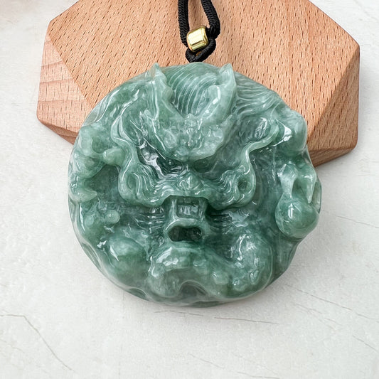 Green Jadeite Jade Dragon Chinese Zodiac Hand Carved Pendant Necklace, Green Blue Jade, YJ-0522-0371773