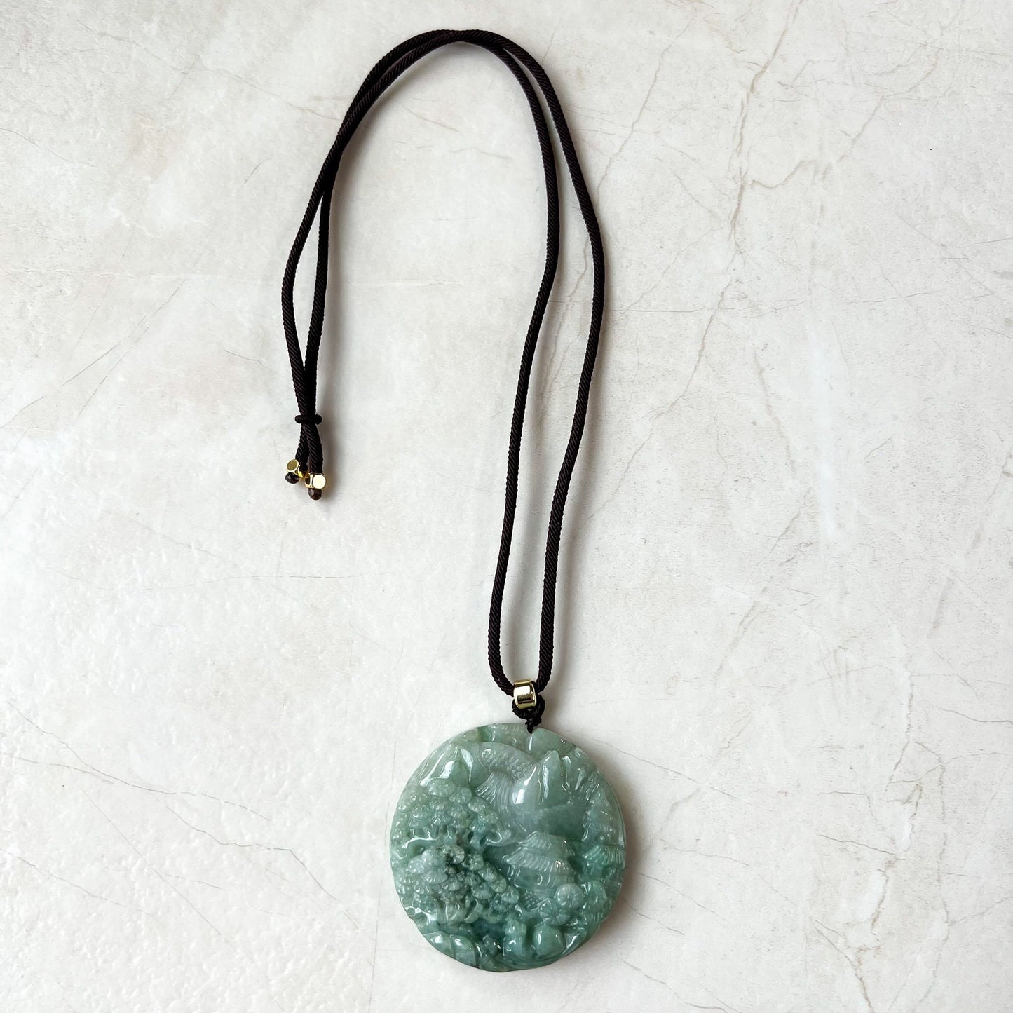 Landscape Mountain Forest River Scenery, Green Jade, Hand Carved Pendant Necklace,YJ-0422-0330368