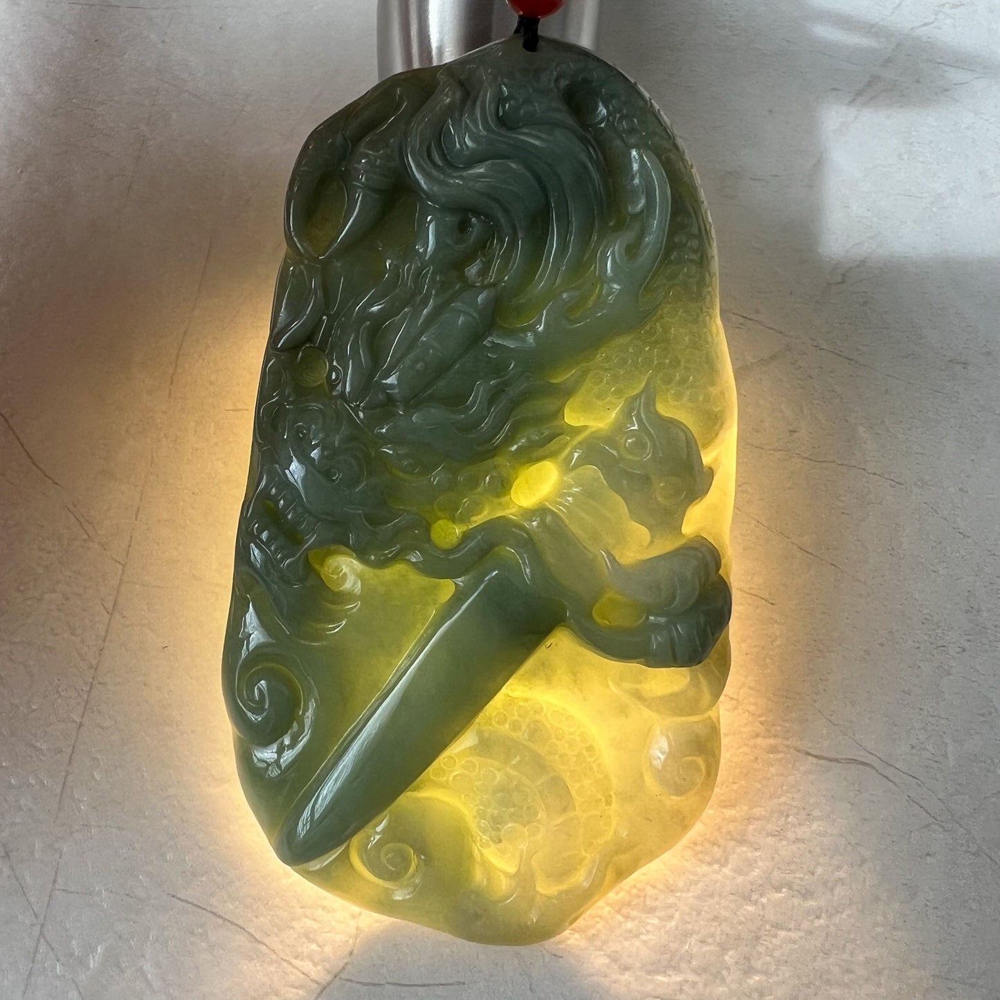 Large Jadeite Jade Dragon and Sword Pendant Necklace, Chinese Zodiac, Green Jade, Hand Carved, YJ-0722-0008087