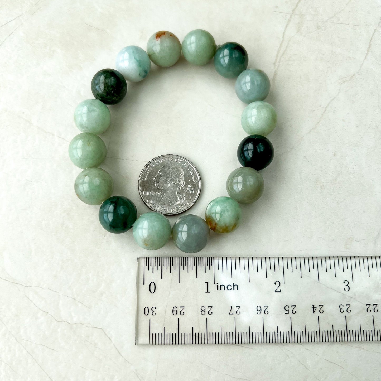13.5 mm Green Gray Natural Jadeite Jade Round Beaded Bracelet, MDFM-0822-1675887201