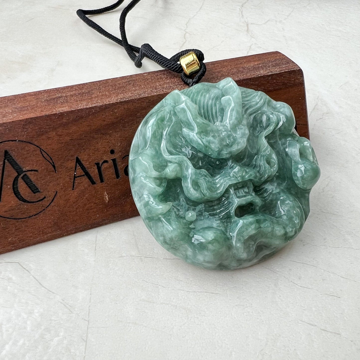 Green Jadeite Jade Dragon Chinese Zodiac Hand Carved Pendant Necklace, Green Blue Jade, YJ-0522-0371773