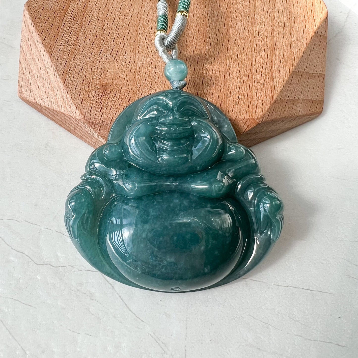 Large Green Jadeite Jade Happy Buddha Carved Jadeite Pendant, XZ-0822-0004582