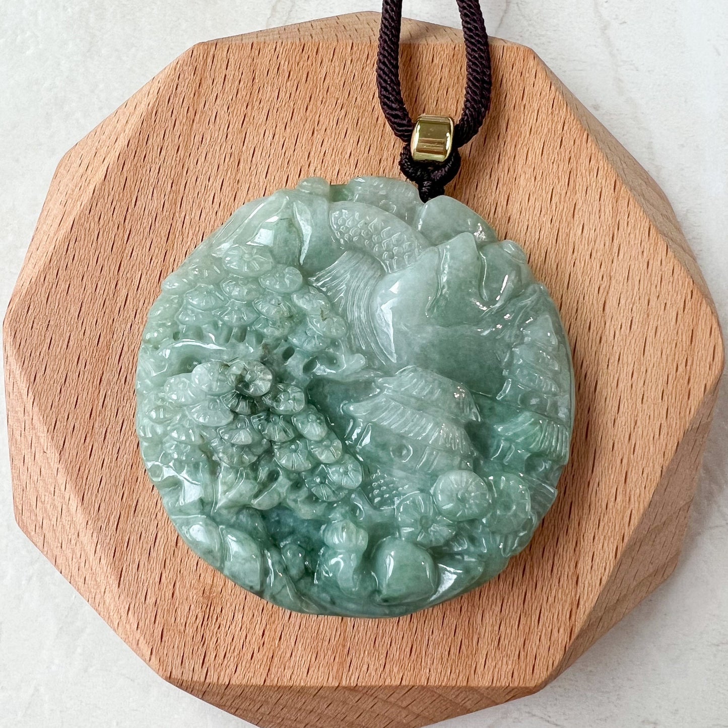 Landscape Mountain Forest River Scenery, Green Jade, Hand Carved Pendant Necklace,YJ-0422-0330368