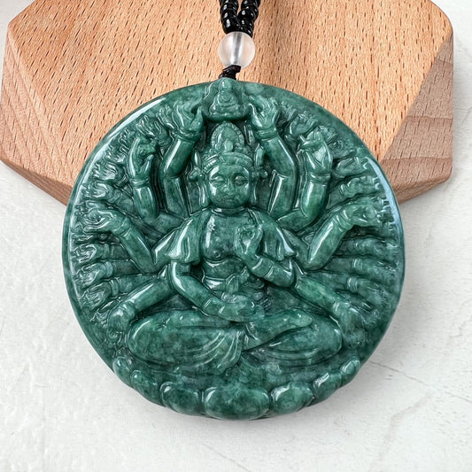 Jadeite Jade Thousand Hand Guan Yin Avalokiteshvara, Quan Am, 观音, Hand Carved Jade Pendant Necklace, YJ-1221-0319673