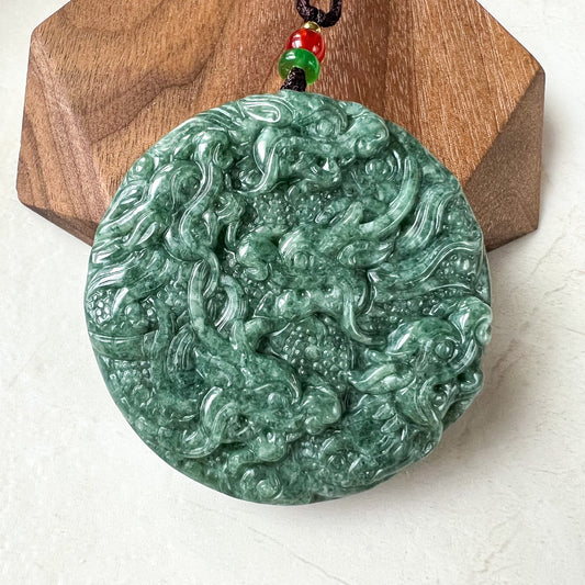 Large Green Jade 9 Dragon Jadeite Jade Chinese Zodiac Hand Carved Pendant Necklace, YJ-1022-0068798