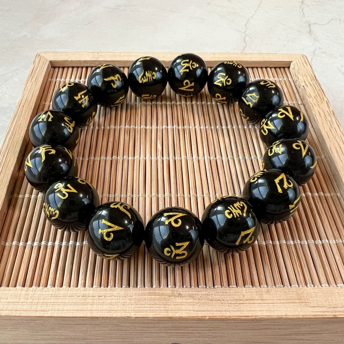 Om mani padme hum Mantra, Black Obsidian Prayer Beads Bracelet Necklace, 14 mm, Avalokitesvara mantra, RLXE-0123-1679111173