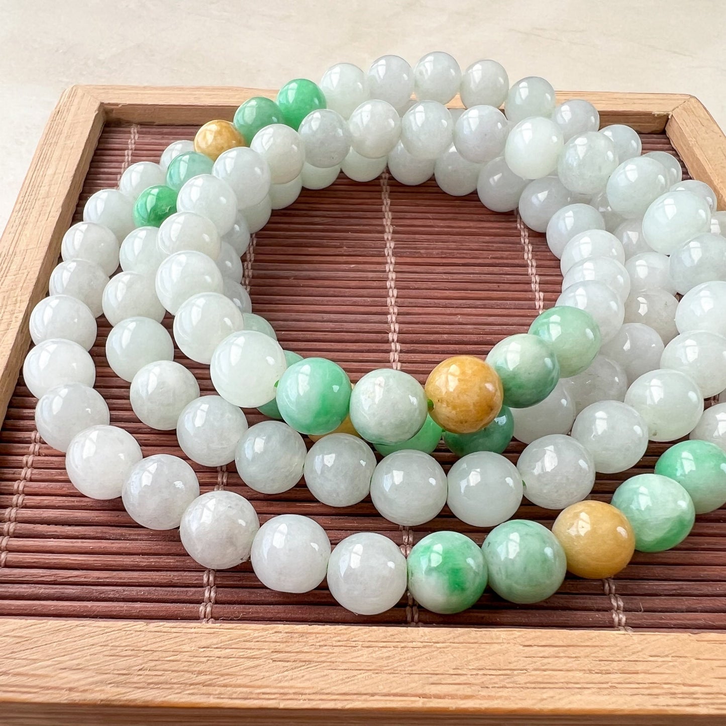 7.5 mm 108 White Green Yellow Jadeite Jade Mala Prayer Beads Bracelet Necklace, FCSG-1221-1678122966