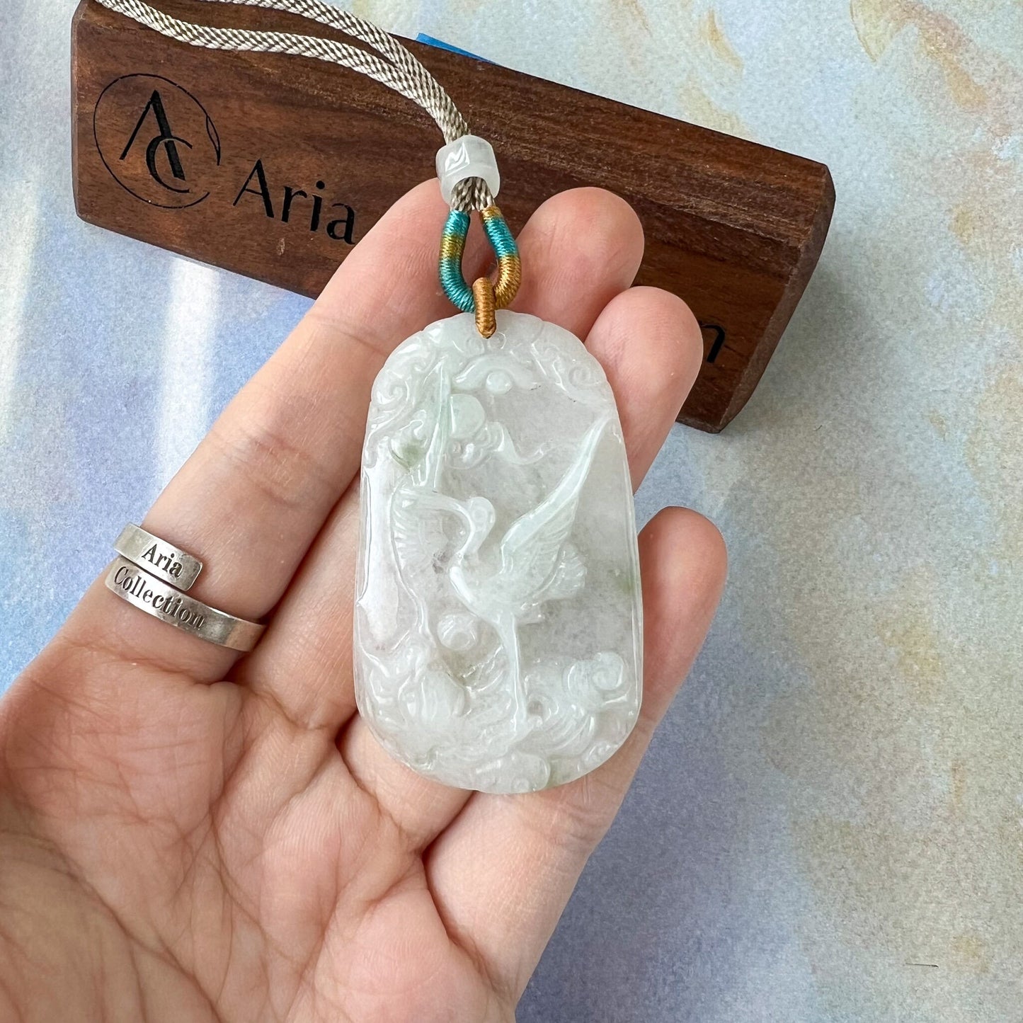 Jadeite Jade White Icy Crane, Longevity Symbol Hand Carved Pendant Necklace, YJ-0522-0417310