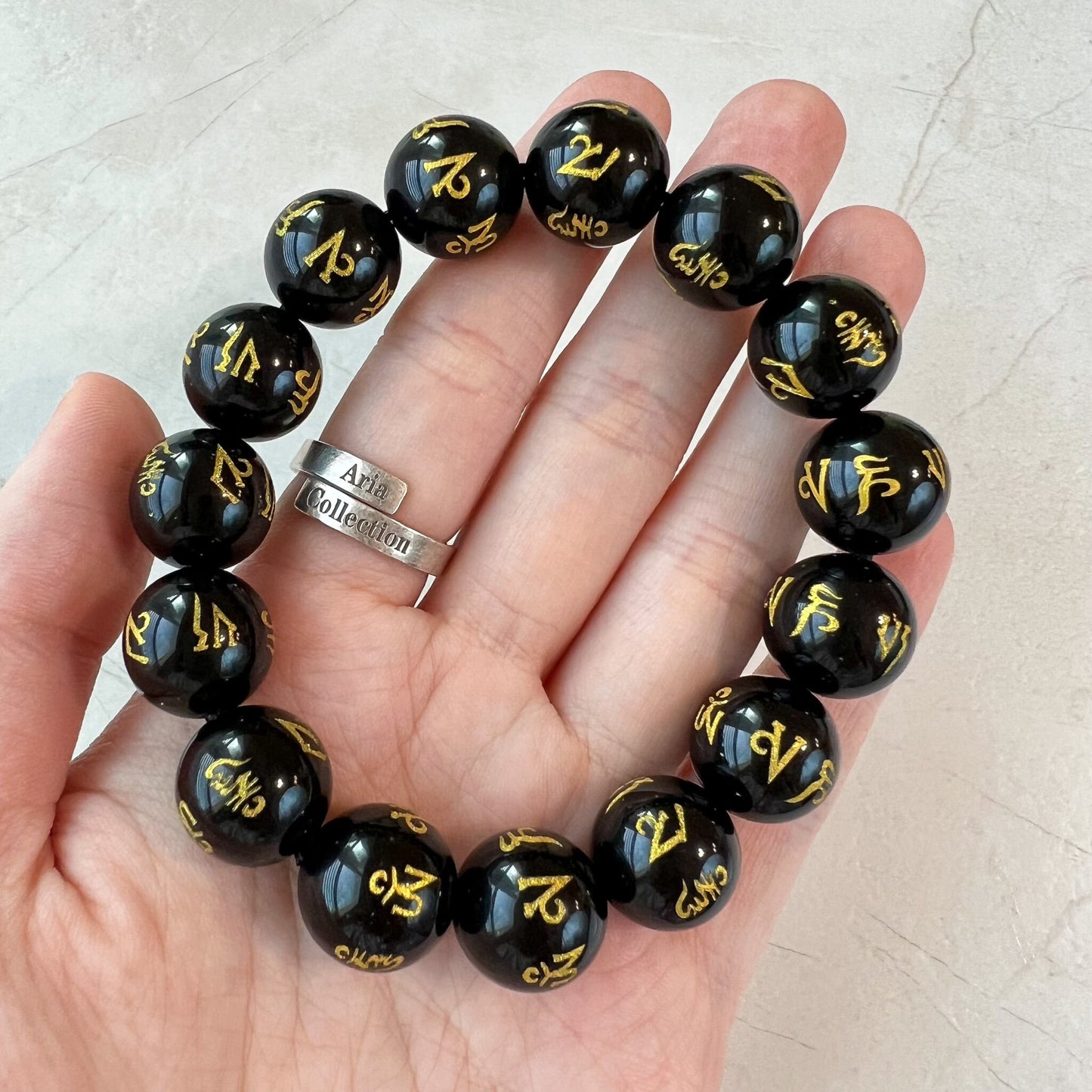 Om mani padme hum Mantra, Black Obsidian Prayer Beads Bracelet Necklace, 14 mm, Avalokitesvara mantra, RLXE-0123-1679111173