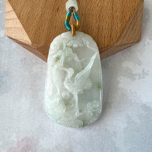 Jadeite Jade White Icy Crane, Longevity Symbol Hand Carved Pendant Necklace, YJ-0522-0417310