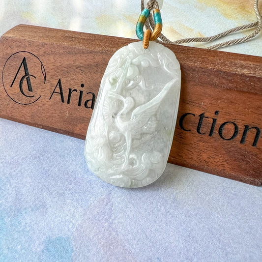 Jadeite Jade White Icy Crane, Longevity Symbol Hand Carved Pendant Necklace, YJ-0522-0417310