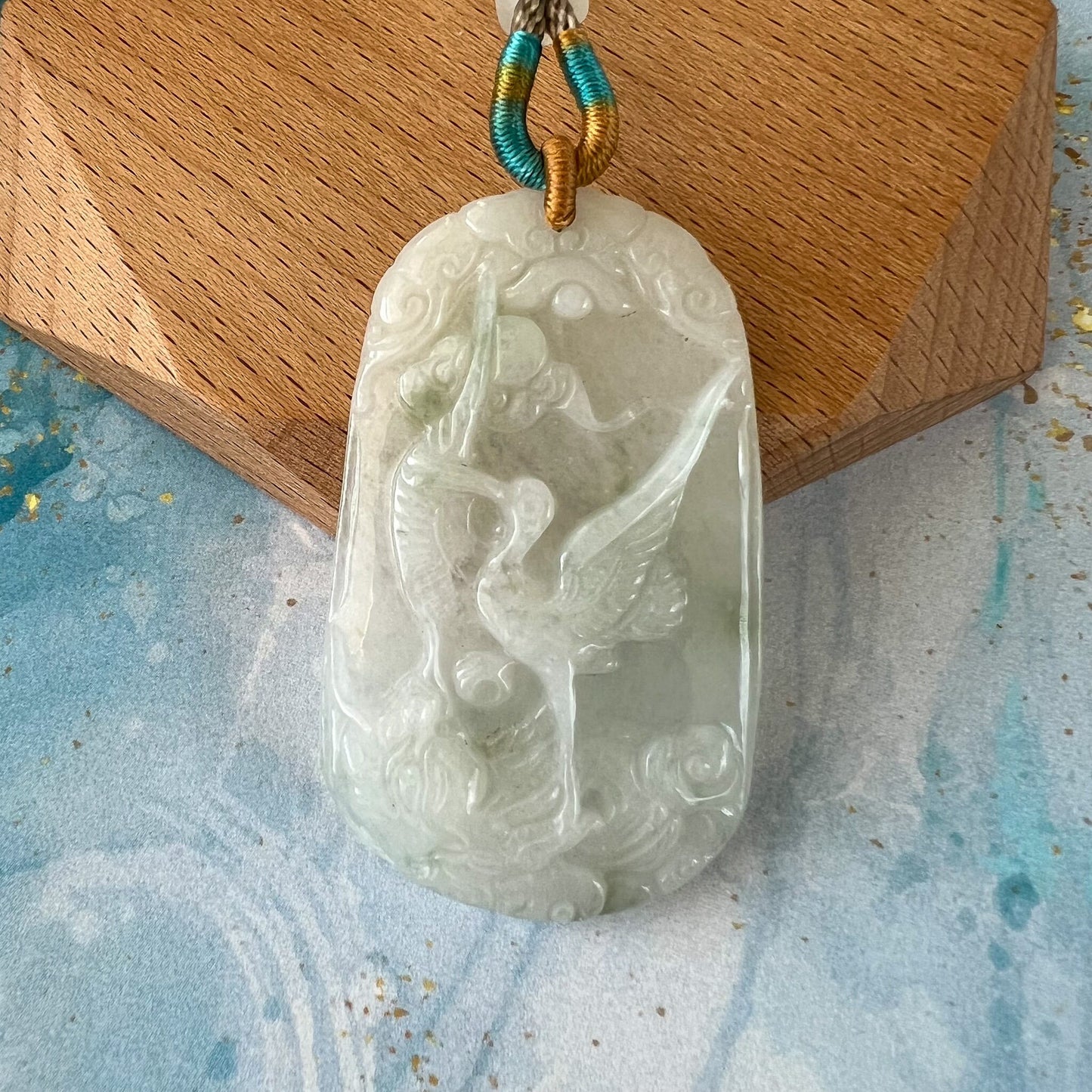 Jadeite Jade White Icy Crane, Longevity Symbol Hand Carved Pendant Necklace, YJ-0522-0417310