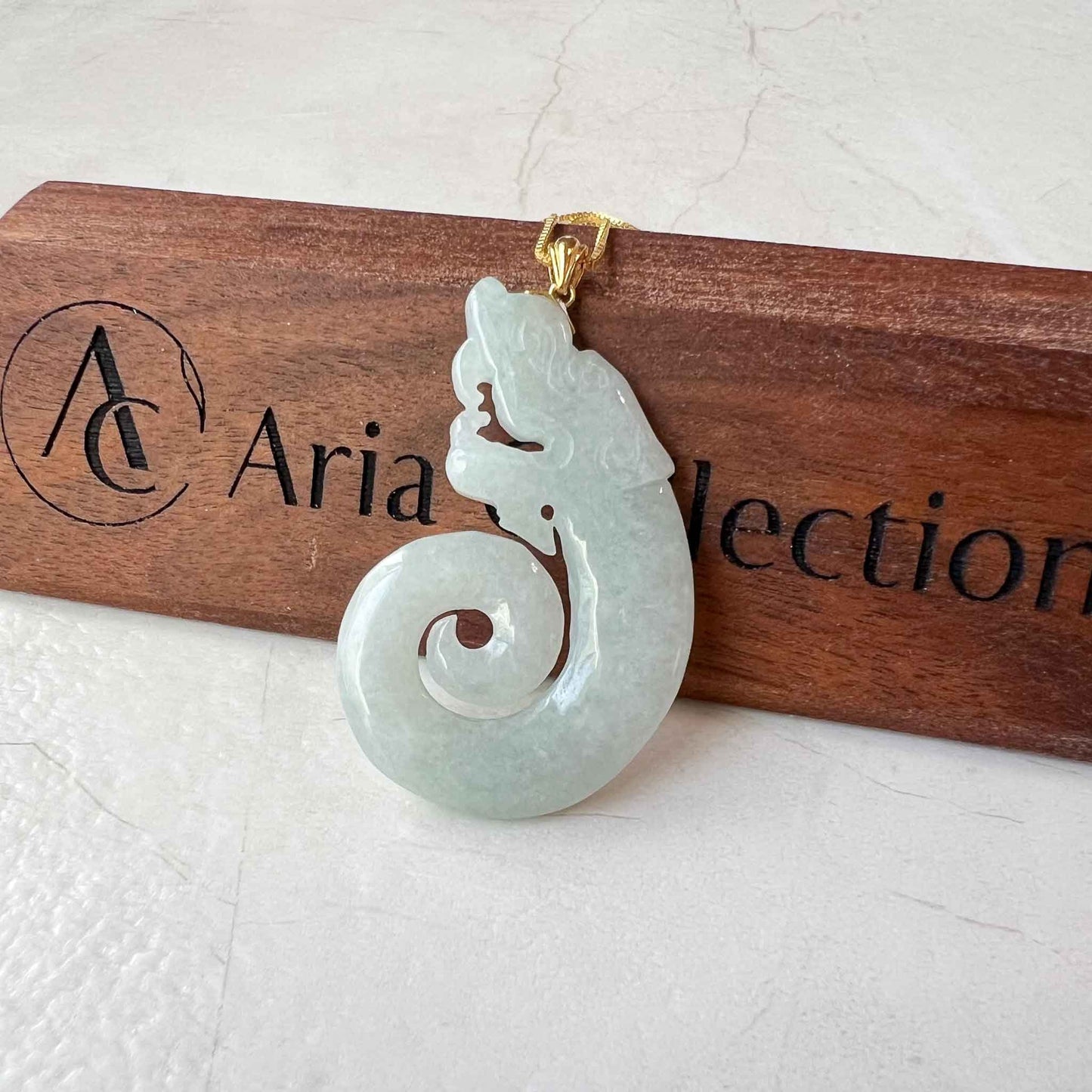 Jade Twisted Dragon Pendant with 18K Gold, White Jadeite Jade Zodiac Hand Carved Pendant