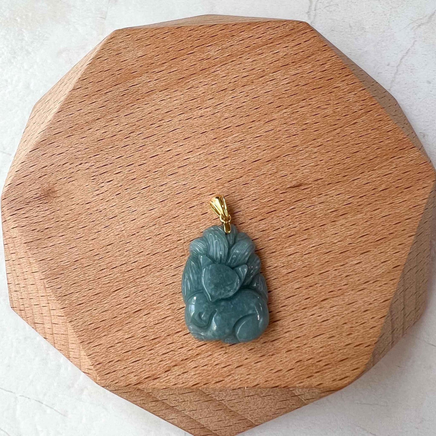 Nine 9 Tail Fox with 18K Gold Jadeite Jade Blue Green Hand Carved Pendant