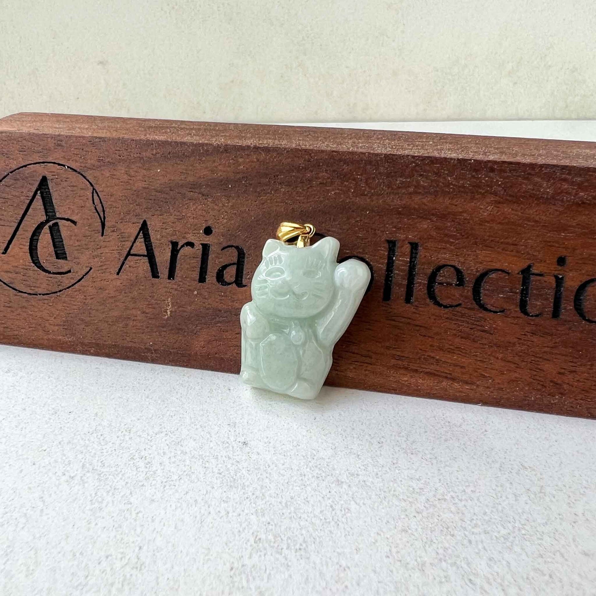 Jadeite Jade Fortune Money Cat 18K Gold Bail, Maneki-neko, Maneki Cat, Light Green Jade Pendant, SHWQ-0423-1682278304