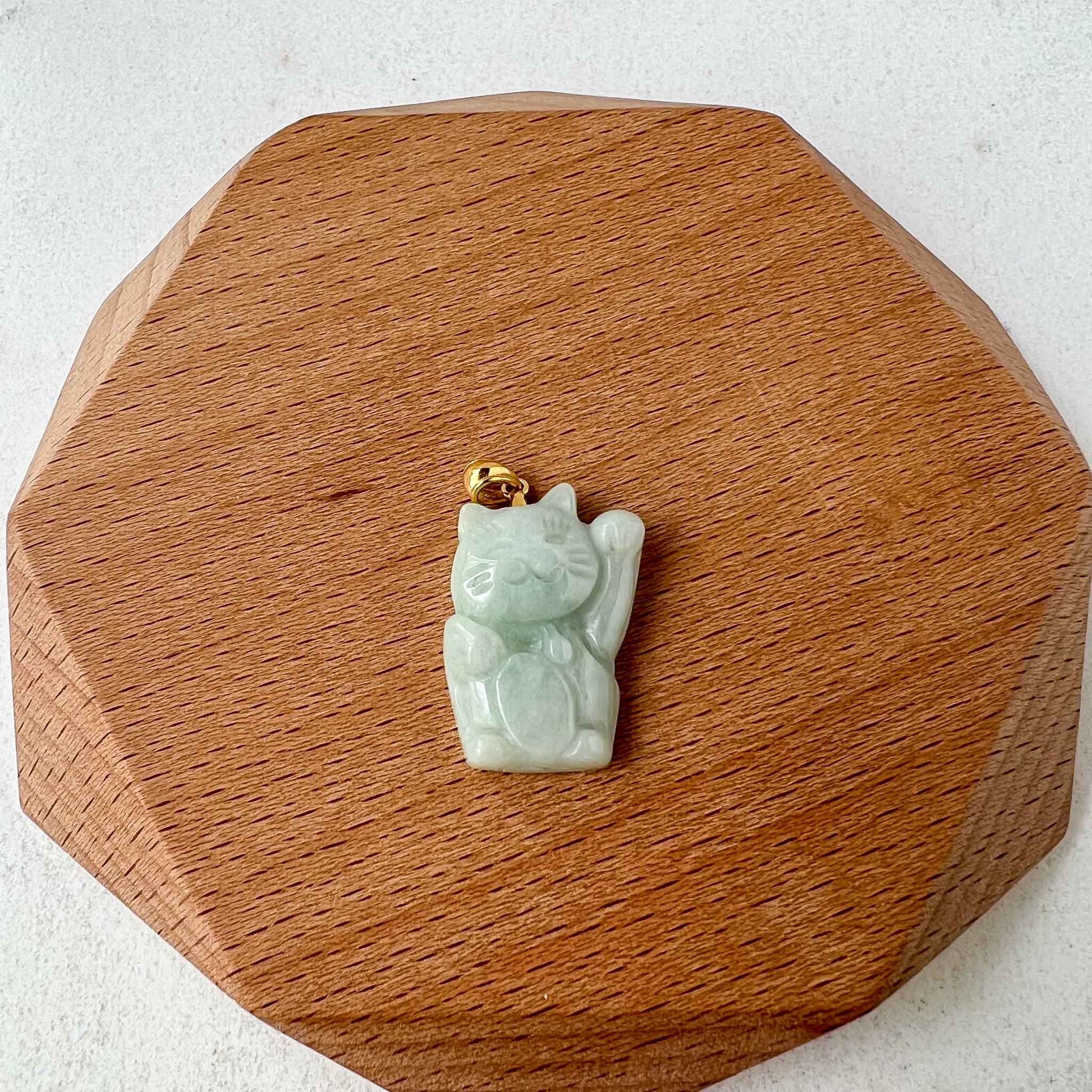 Jadeite Jade Fortune Money Cat 18K Gold Bail, Maneki-neko, Maneki Cat, Light Green Jade Pendant, SHWQ-0423-1682278304