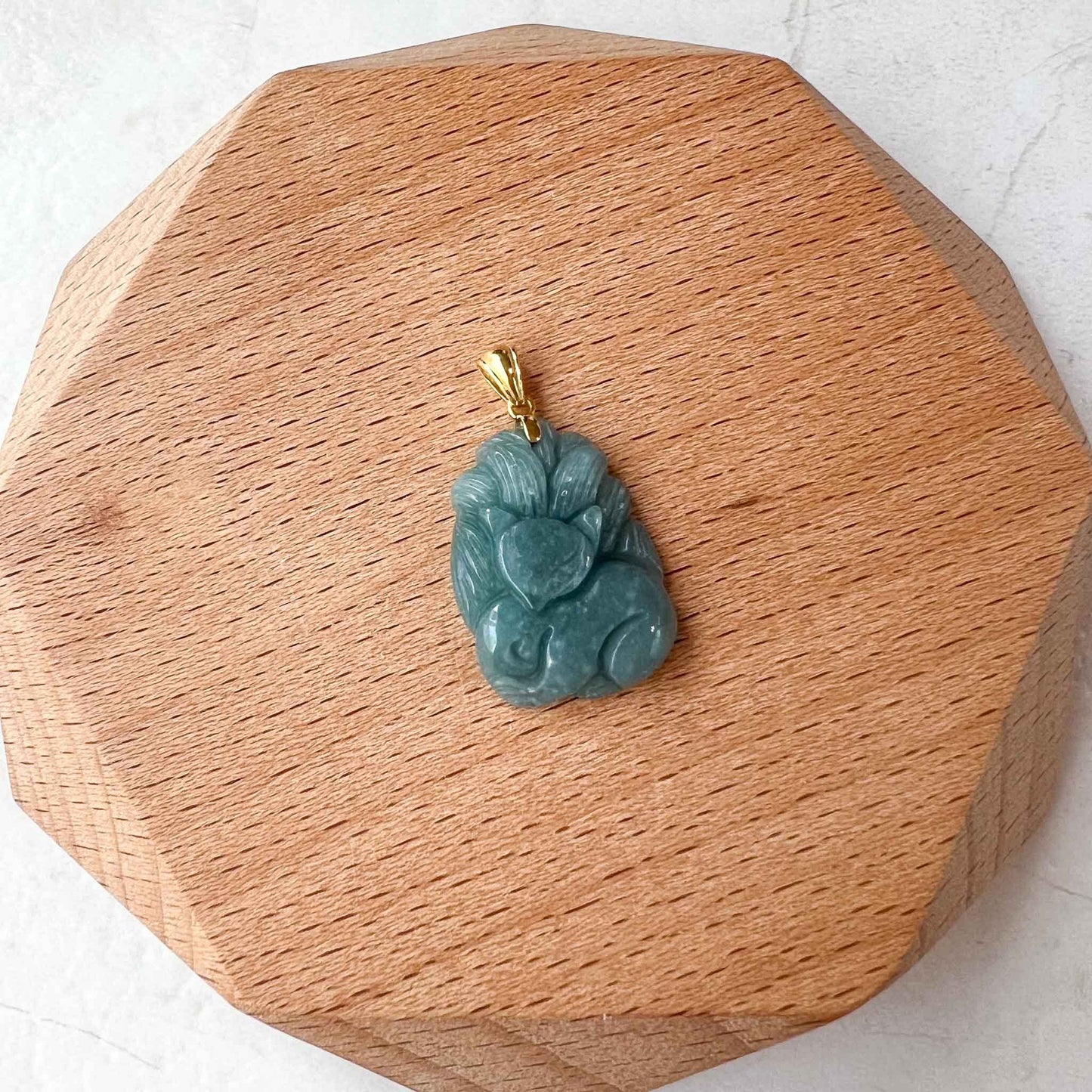 Nine 9 Tail Fox with 18K Gold Jadeite Jade Blue Green Hand Carved Pendant