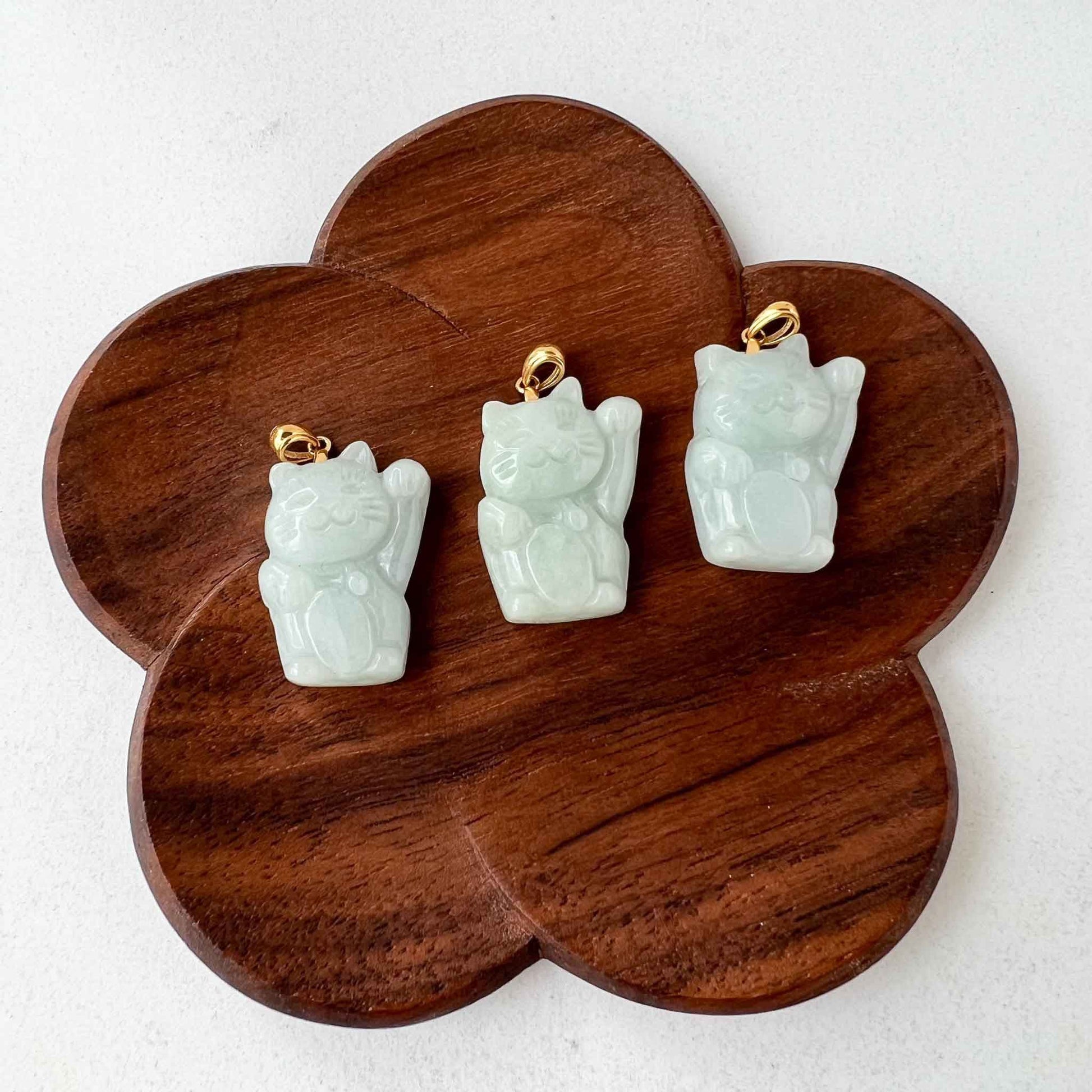 Jadeite Jade Fortune Money Cat 18K Gold Bail, Maneki-neko, Maneki Cat, Light Green Jade Pendant, SHWQ-0423-1682278304