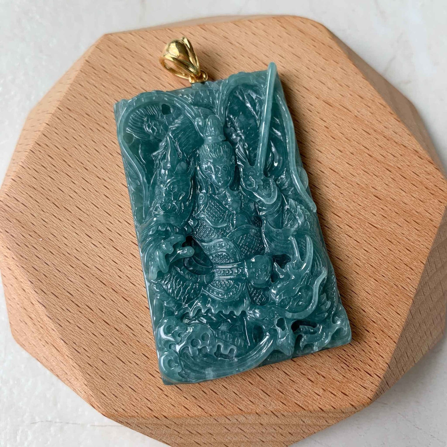 Blue Green Jadeite Jade Monkey King with 18K Gold Pendant, Sun Wu Kong, 孙悟空, Chinese Zodiac Carved, XZG-0423-1682478988