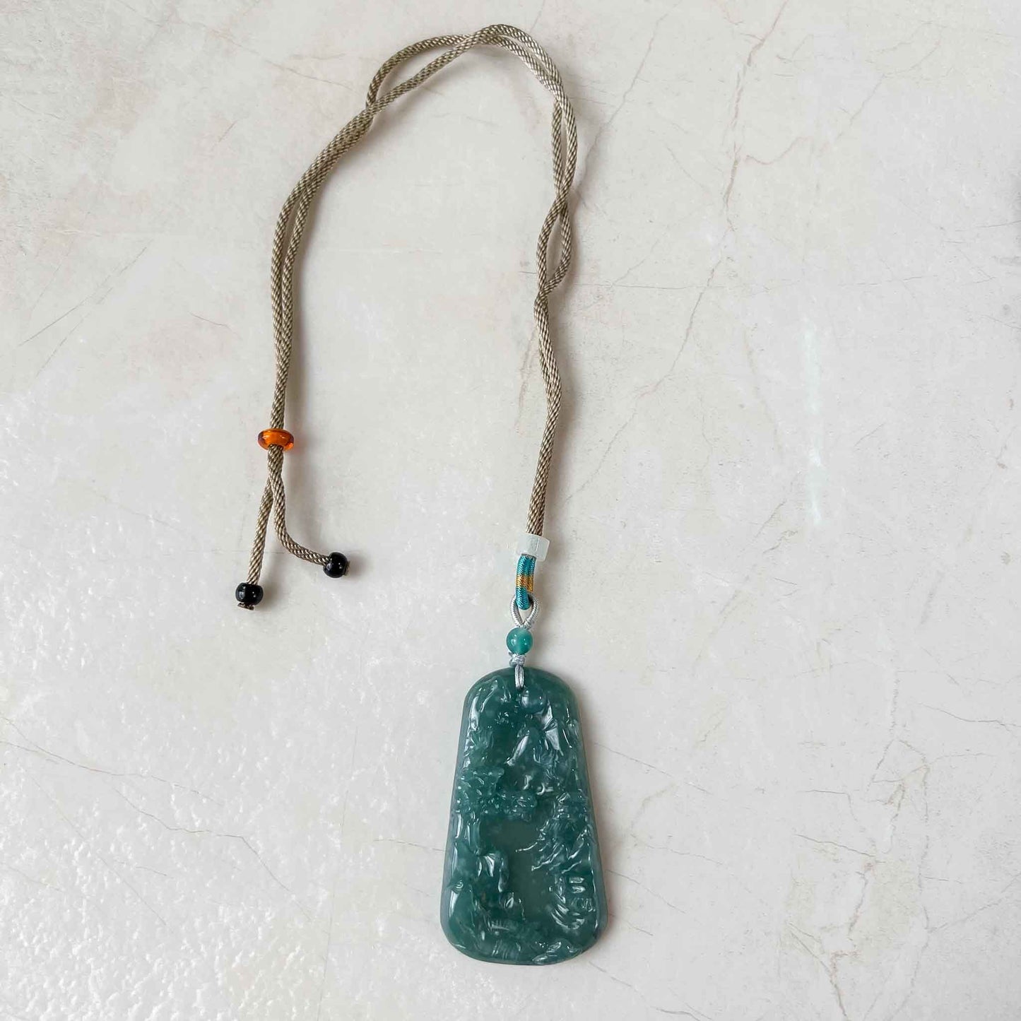 Jadeite Jade Landscape Mountain Forest River Scenery Hand Carved Pendant Necklace, Blue Green Jade Pendant, XZ-0822-0004812