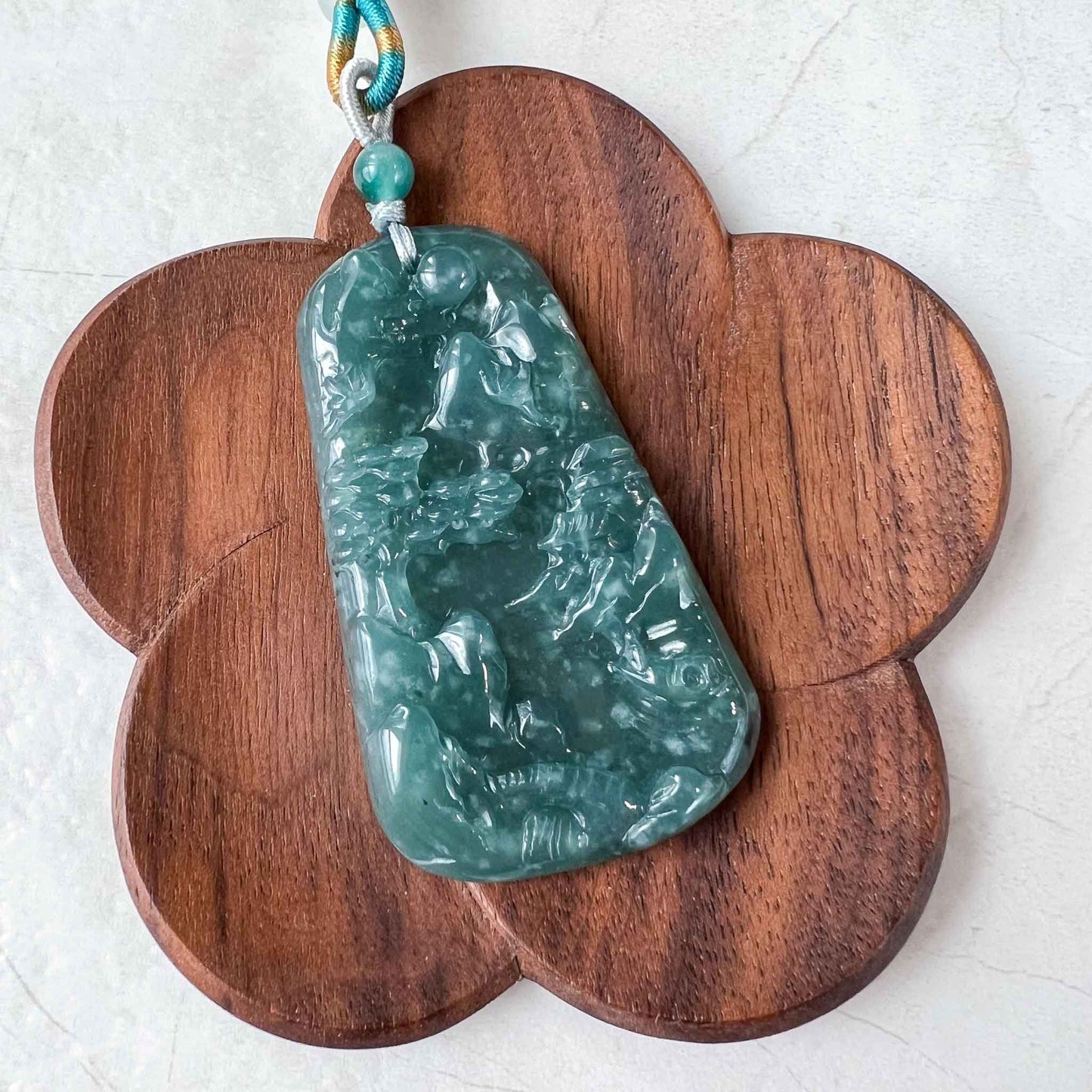 Jadeite Jade Landscape Mountain Forest River Scenery Hand Carved Pendant Necklace, Blue Green Jade Pendant, XZ-0822-0004812