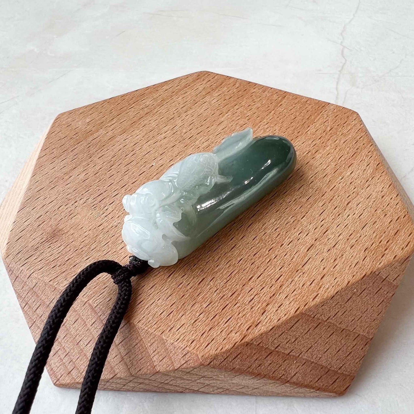 Green White Jadeite Jade Cicada Ru Yi Hand Carved Necklace, 蝉如意, YJ-1022-0064622