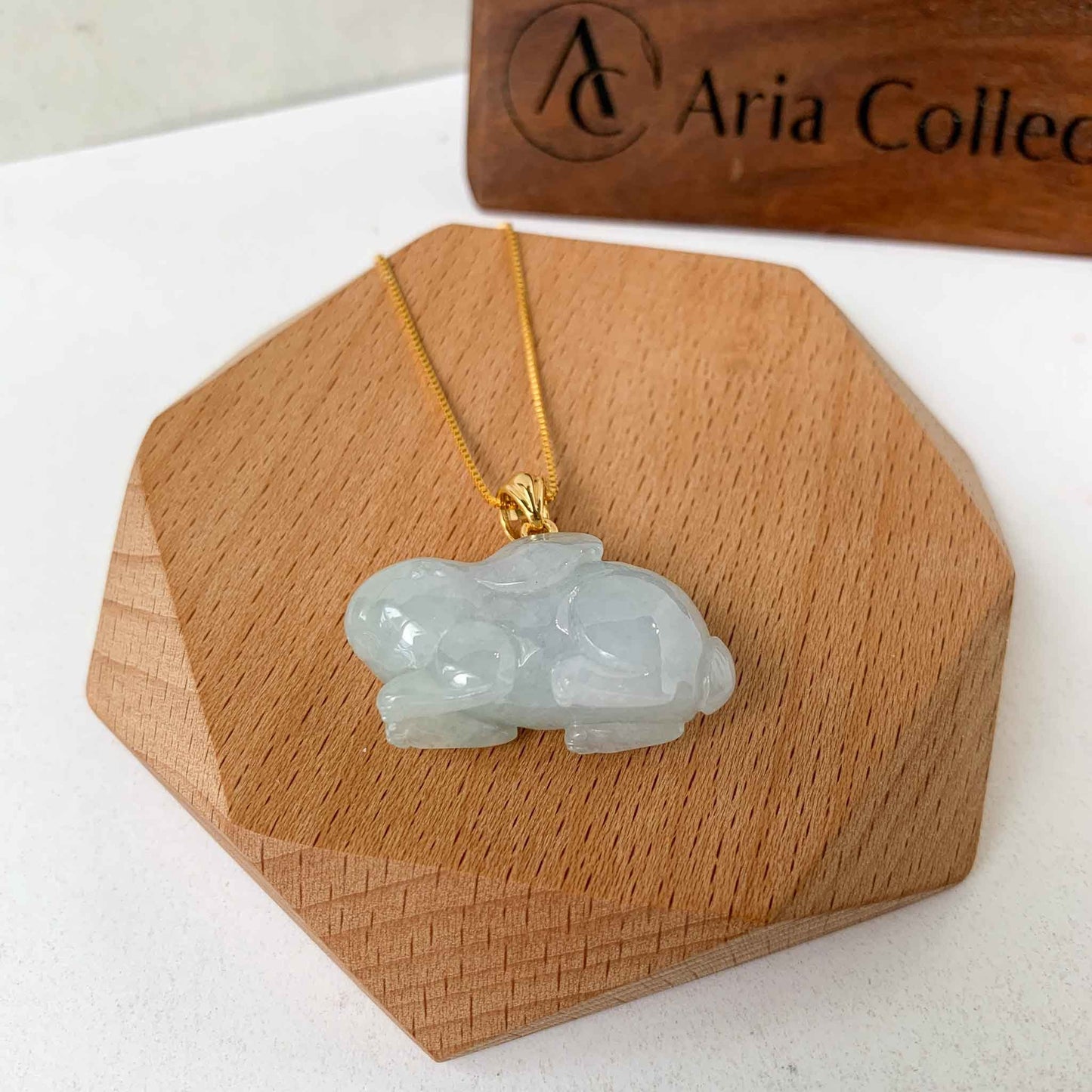White Icy Jadeite Jade Rabbit Pendant with 18K Solid Gold, 3-D Hand Carved Jade, YB-0223-1684462688