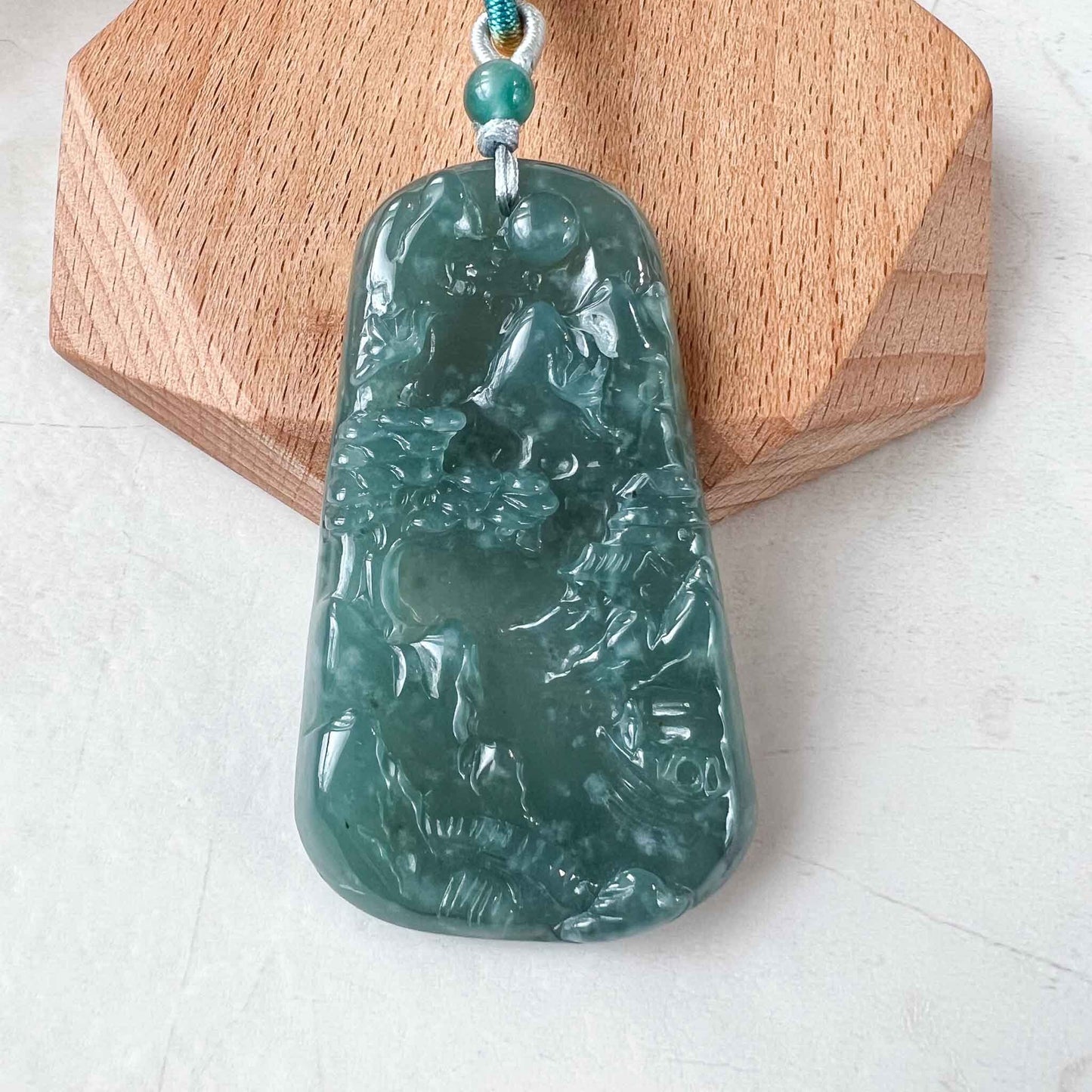 Jadeite Jade Landscape Mountain Forest River Scenery Hand Carved Pendant Necklace, Blue Green Jade Pendant, XZ-0822-0004812