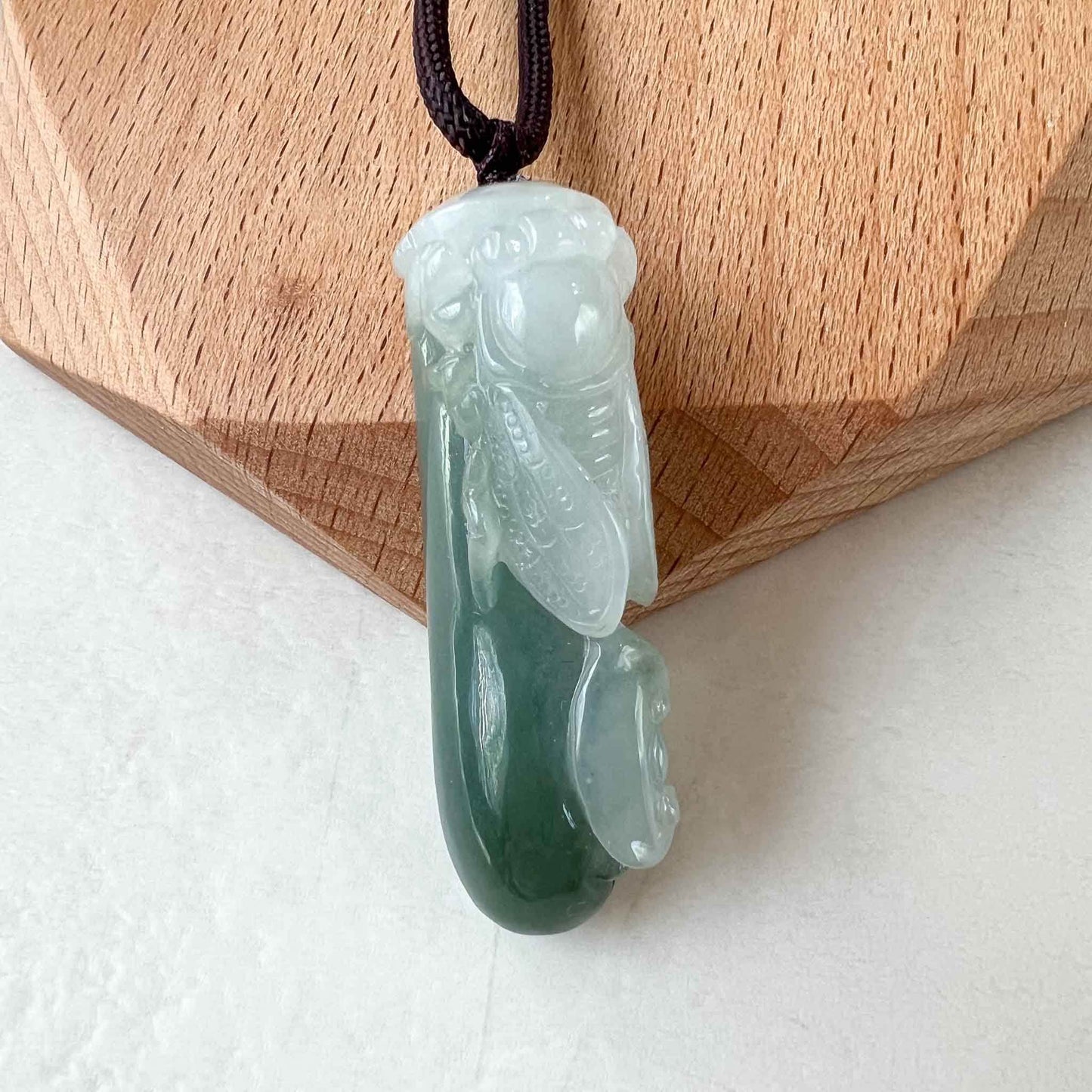 Green White Jadeite Jade Cicada Ru Yi Hand Carved Necklace, 蝉如意, YJ-1022-0064622