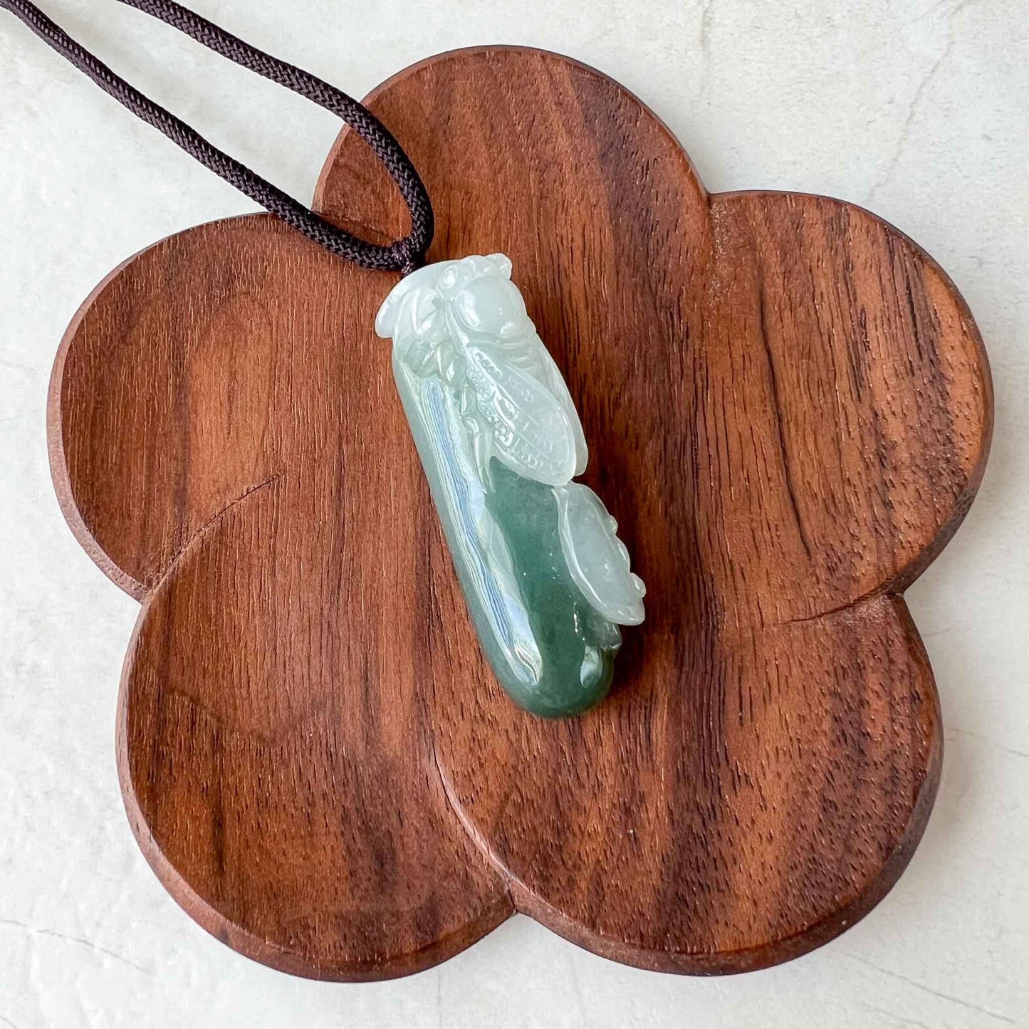 Green White Jadeite Jade Cicada Ru Yi Hand Carved Necklace, 蝉如意, YJ-1022-0064622