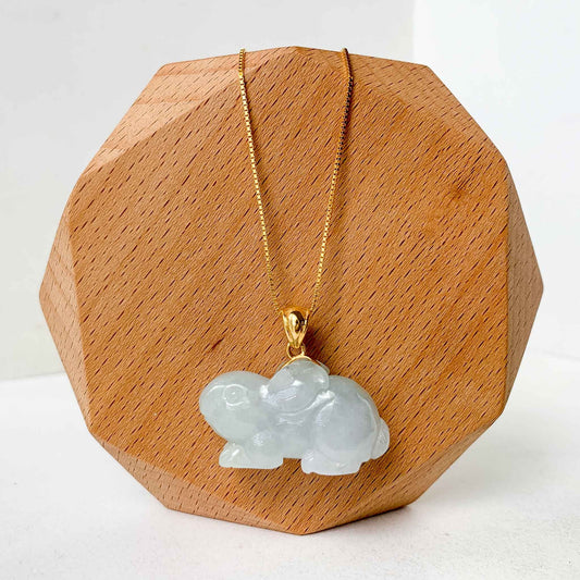 White Icy Jadeite Jade Rabbit Pendant with 18K Solid Gold, 3-D Hand Carved Jade, YB-0223-1684462688