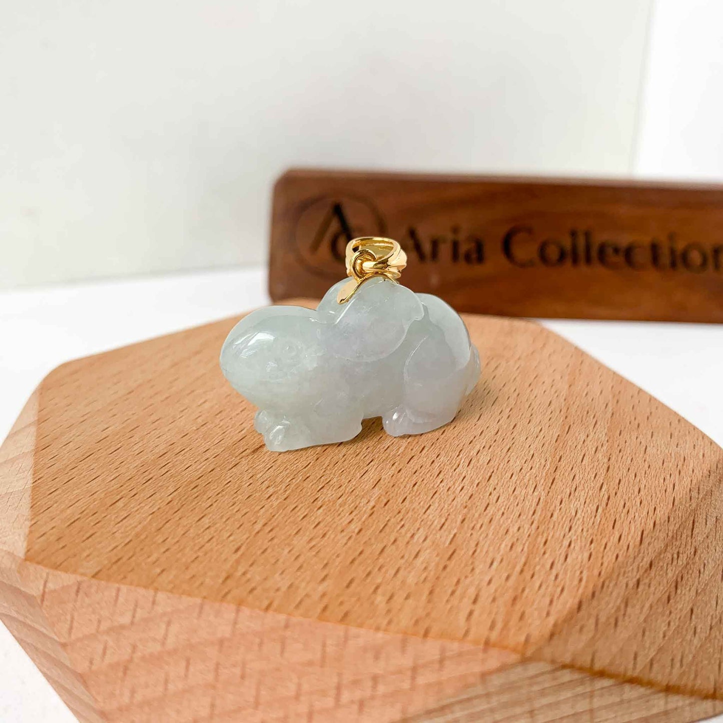 White Icy Jadeite Jade Rabbit Pendant with 18K Solid Gold, 3-D Hand Carved Jade, YB-0223-1684462688