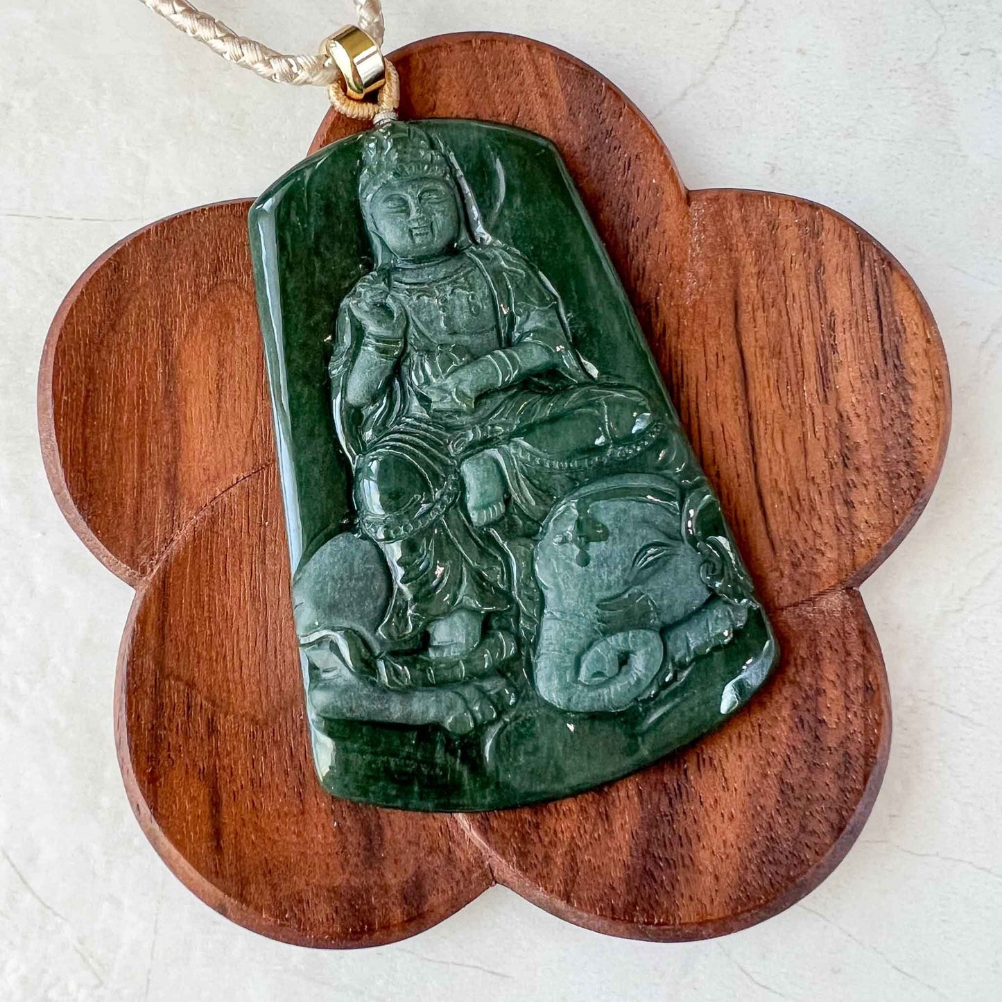 Green Jadeite Jade Samantabhadra Buddha Pendant, Pu Xian, Phổ Hiền Bồ Tát, Buddha with elephant,普贤 Pendant Necklace, YJ-1022-0065689