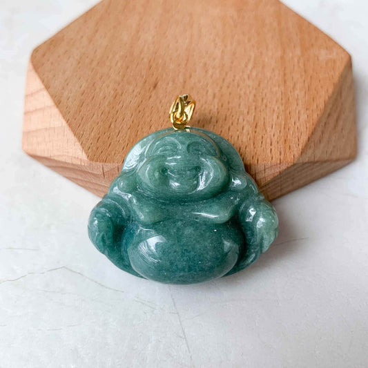 Large Green Happy Buddha Jadeite Jade with 18K Solid Gold Pendant, AMF-0223-1684948176