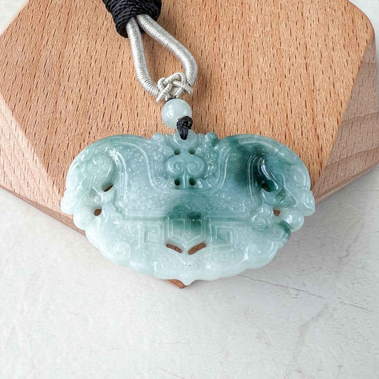 Jadeite Jade Longevity Lock with Ru Yi and Twin Dragons, Hand Carved Jade Pendant Necklace, 长命锁如意, YX-1222-1685381421