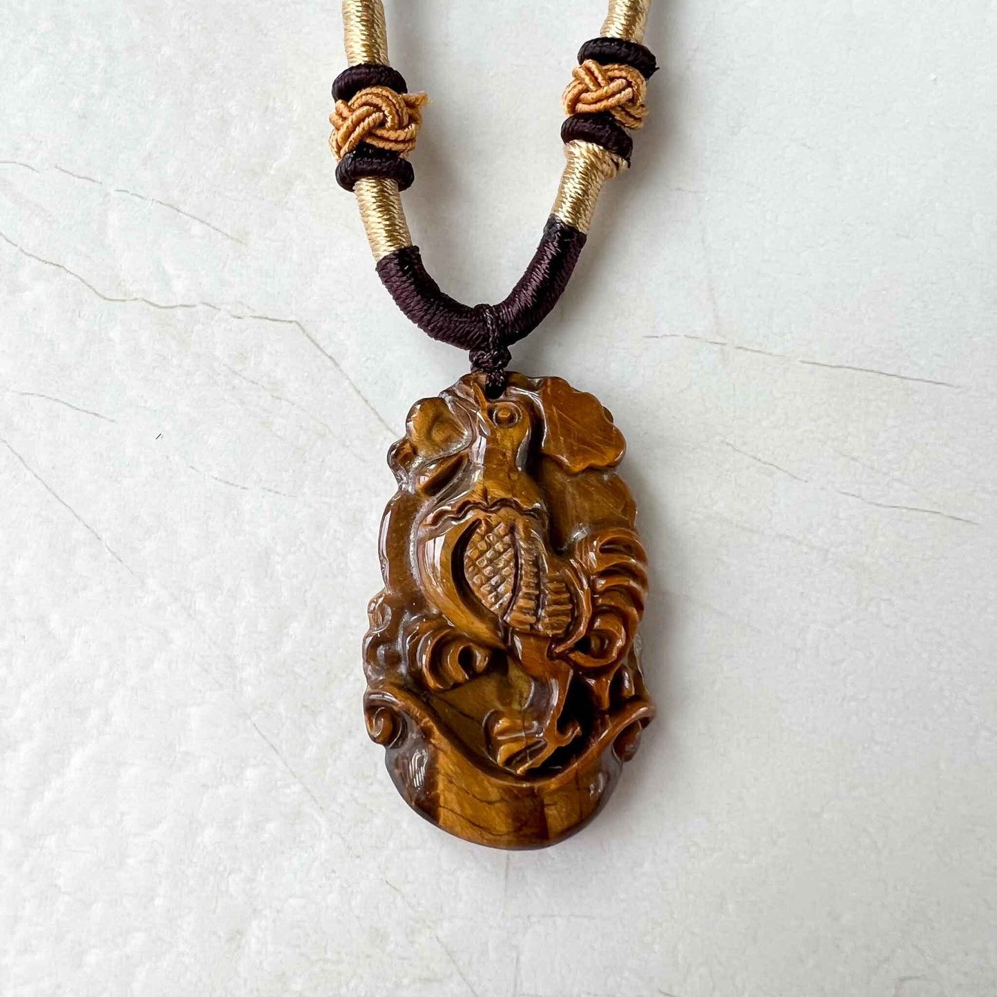 Tiger Eye Rooster Chicken Chinese Zodiac Carved Pendant Necklace, YW-0110-1685928242