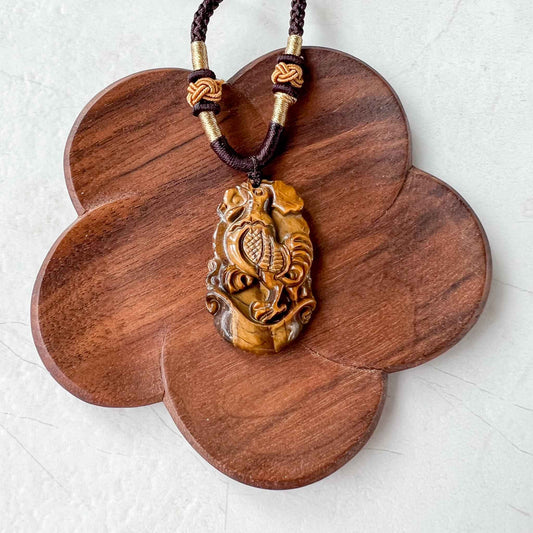 Tiger Eye Rooster Chicken Chinese Zodiac Carved Pendant Necklace, YW-0110-1685928242