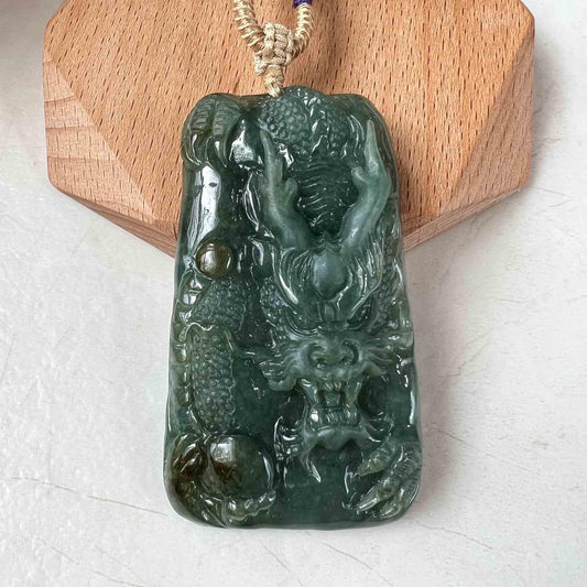 Green Jadeite Jade Dragon Chinese Zodiac Hand Carved Pendant Necklace, YJ-1222-0098069