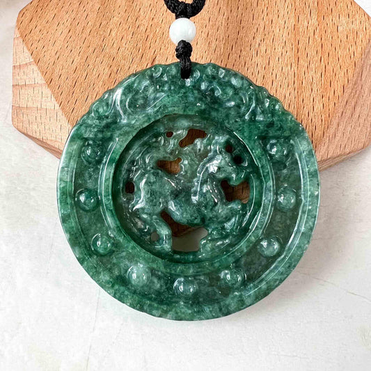 Jadeite Jade Spinning Horse Chinese Zodiac Carved Pendant Necklace, YJ-1221-0319693