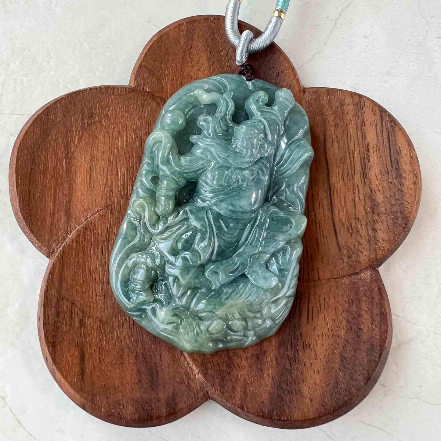 Green Blue Jadeite Jade Guan Yu Guan Gong with Dragon Carved Pendant Necklace, 关公, MY-0223-1688591571