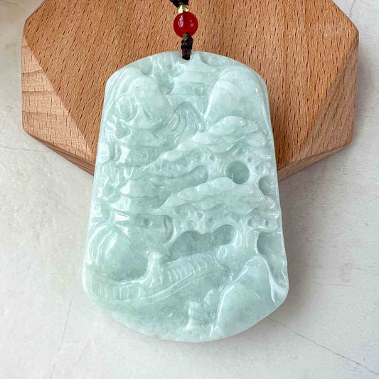 Jadeite Jade Landscape, Tree Mountain Forest River Scenery Hand Carved Pendant Necklace, YJ-0922-0056224