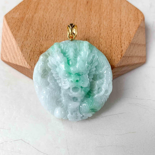 Green Dragon Jadeite Jade Hand Carved Pendant with 18K Solid Gold Bail, HC-0622-ZJ0029835
