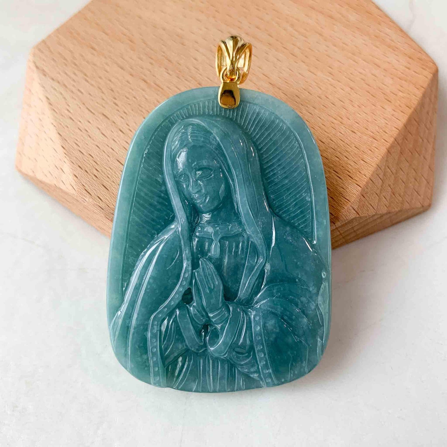 Jadeite Jade Virgin Mary with 18K Solid Gold Bail, Blue Green Jade, Hand Carved Necklace, XZ-0223-1689006800