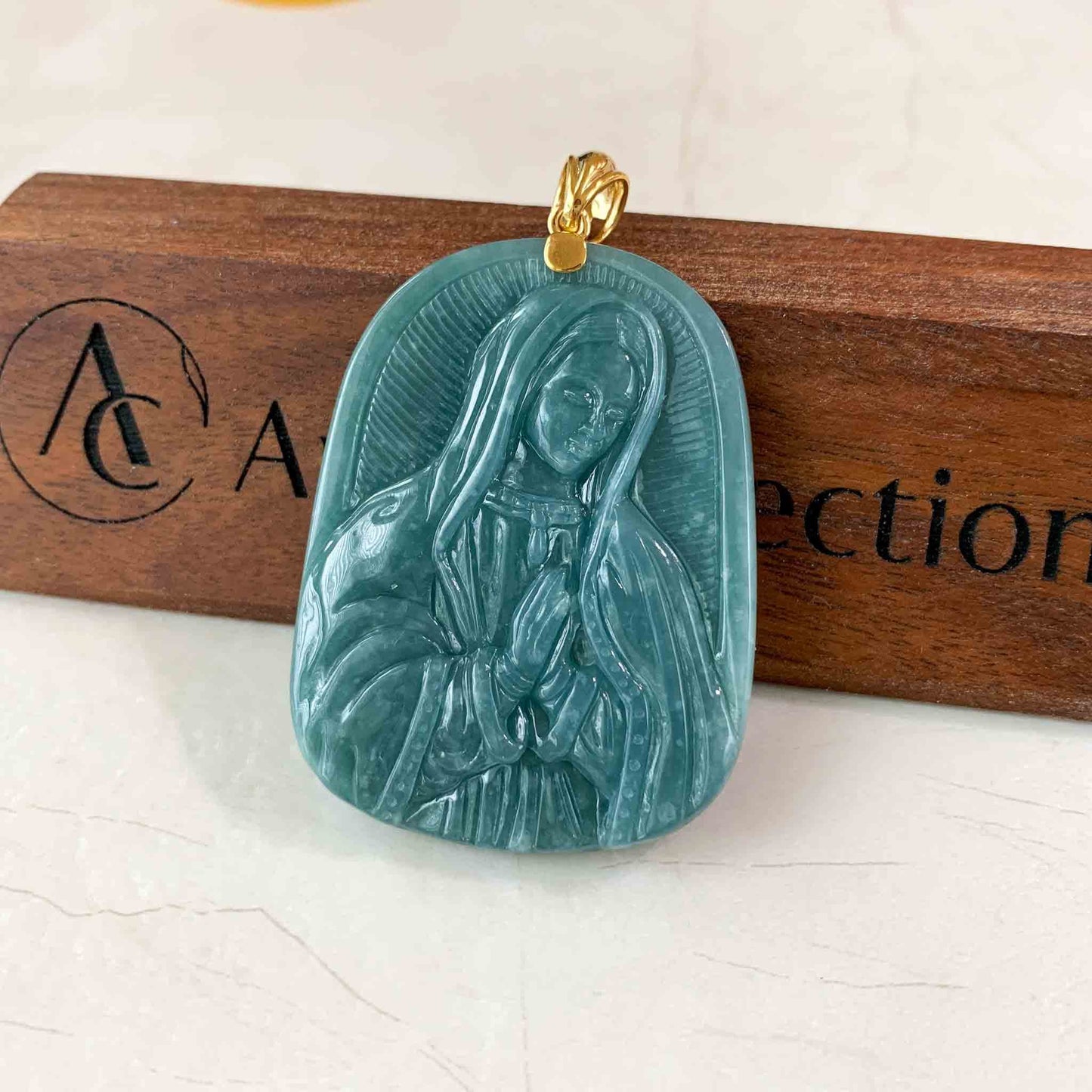 Jadeite Jade Virgin Mary with 18K Solid Gold Bail, Blue Green Jade, Hand Carved Necklace, XZ-0223-1689006800